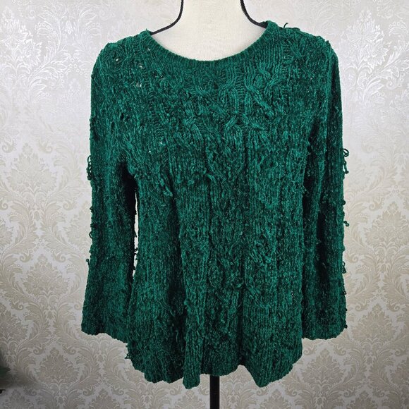 Carolyn Taylor Size Small Dark Green Distressed Cable Knit Sweater Long Sleeve - Picture 1 of 16